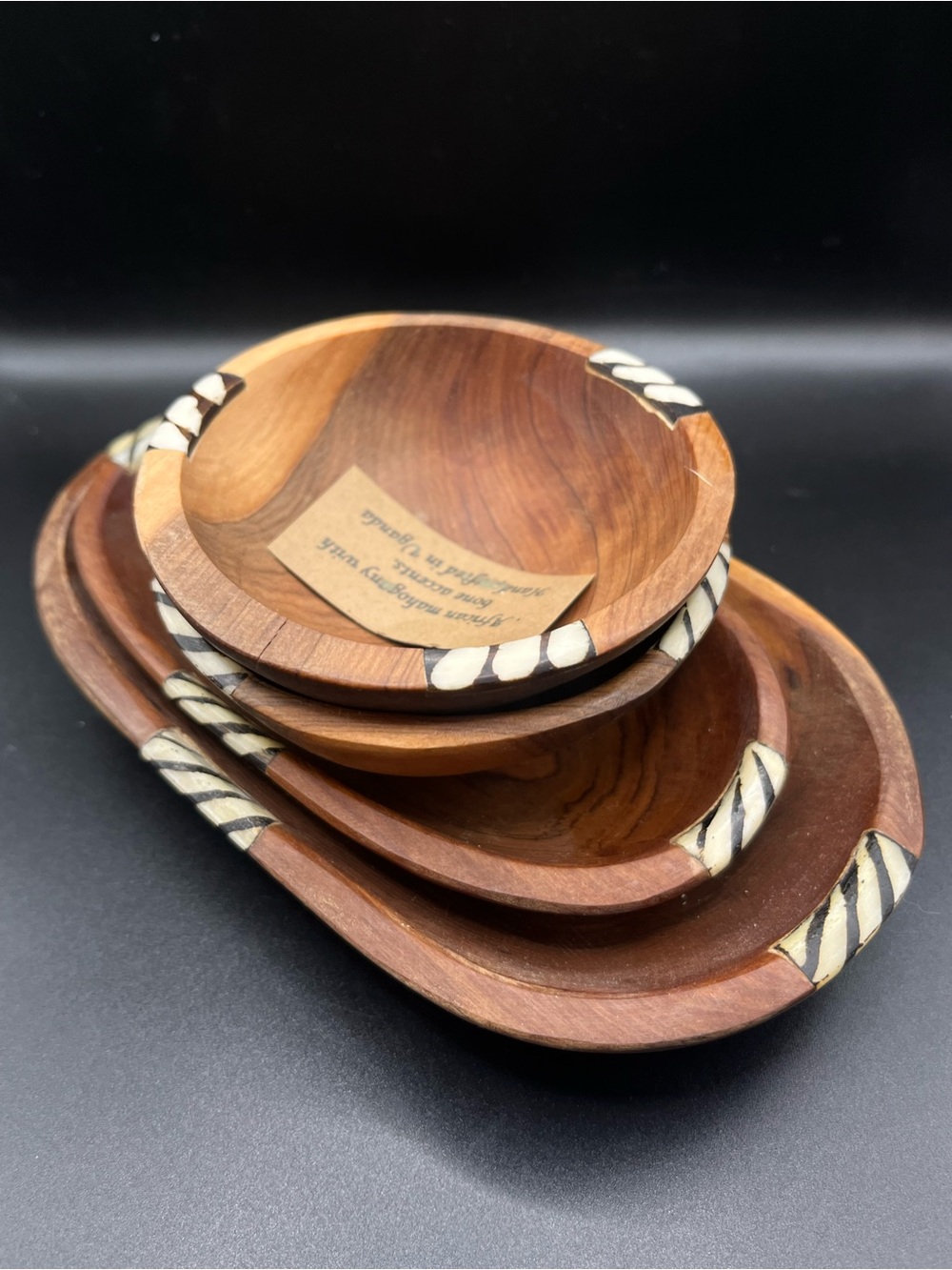 Artisan Brown Wooden Nesting Serving Bowls with Ivory Inlay